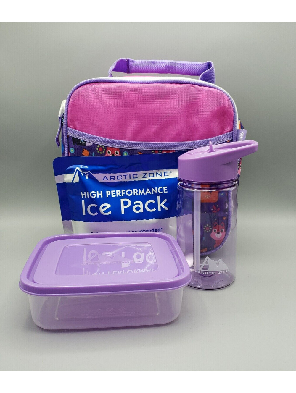 Arctic Zone Lunch Box Purple Fox Squirrel Racoon Container Cup Ice Pack  New